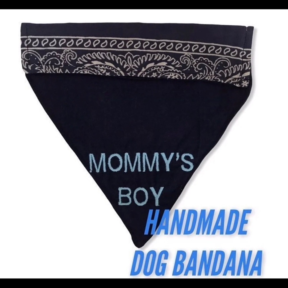 DOG BANDANA HANDMADE EMBROIDERED MOMMYS BOY SLIP ON BLUE REVERSIBLE SIZE LARGE
